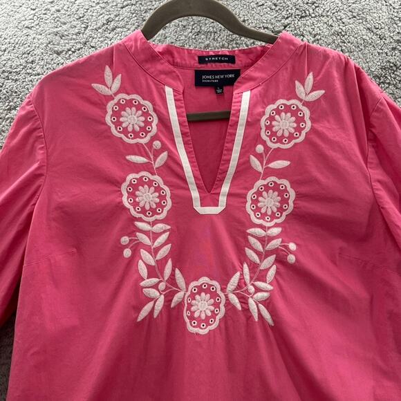 Jones New York Large Pink Tunic Top‎ Embroidered Floral V-Neck 3/4 Sleeves - Picture 4 of 10